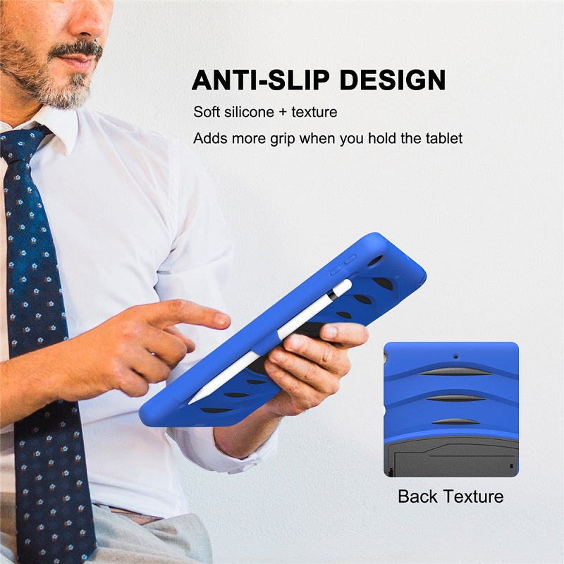 Shock Wave Kickstand Case Anti-Fall Protection With Pencil Holder+Cap For New iPad 7 10.2inch(2019)-Blue