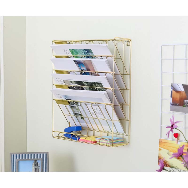Hanging File Organizer6 Tier Wall Mount Document Letter Tray File Organizer for Home and Office -Gold