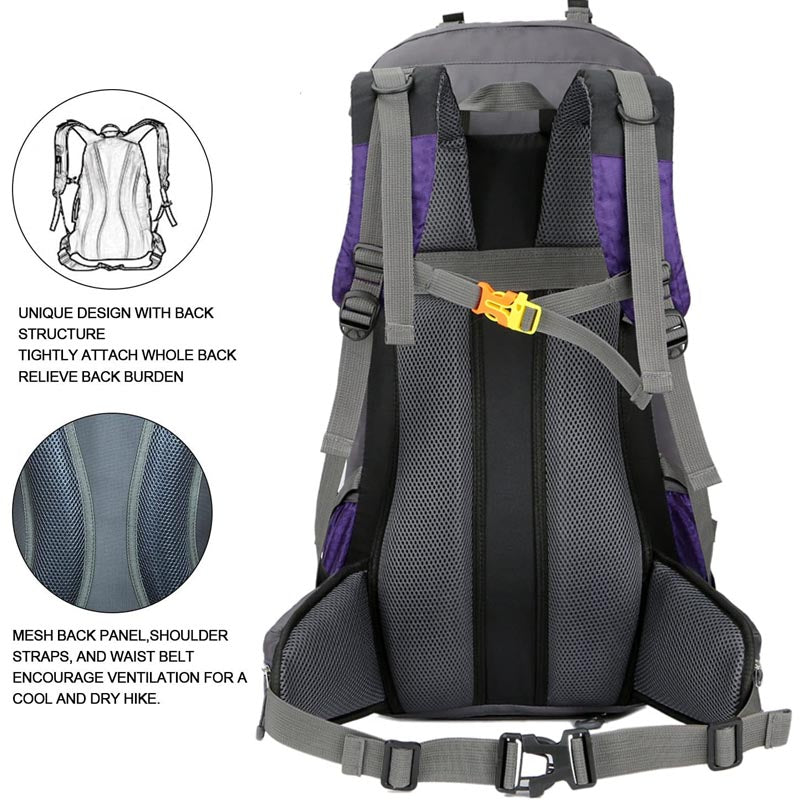 60L Waterproof Lightweight Hiking Backpack with Rain Cover for Climbing Camping-Purple