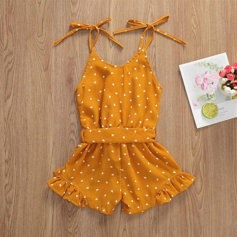 Baby Girl Clothes Self Tie Sleeveless Romper Heart Shape Print Jumpsuit-Yellow