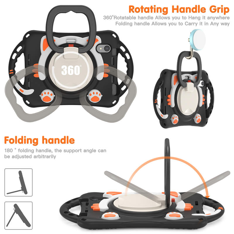 CatB Silicone Case For iPad Mini 6 Shockproof Shoulder Strap Handle Stand-Black Orange