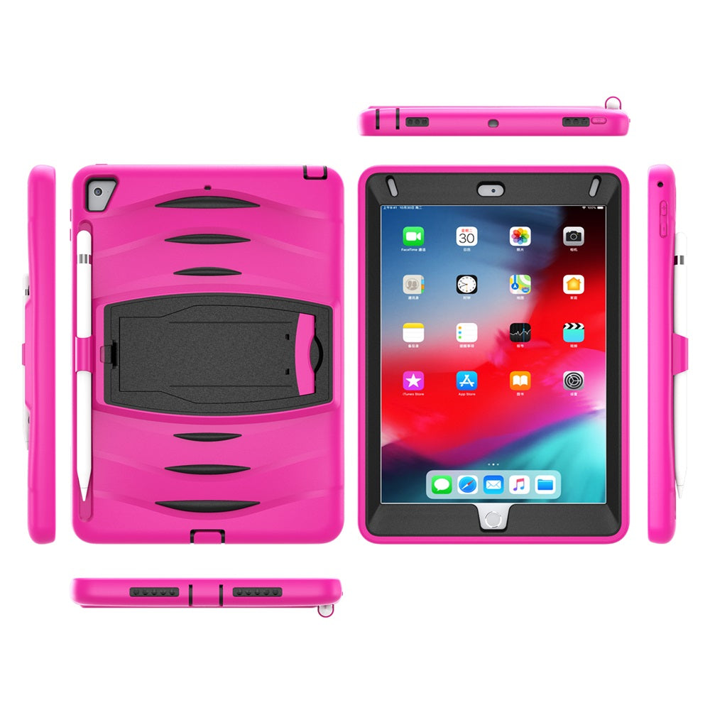Shock Wave Kickstand Case Anti-Fall Protection With Pencil Holder For 9.7inch iPad 5/iPad 6/iPad Air2/iPad Pro9.7-Rose Red