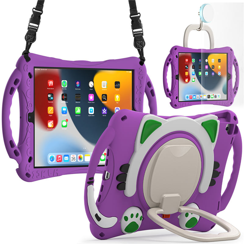 CatB Silicone Case For iPad 10.2 Air10.5 Pro10.5 Shockproof Shoulder Strap Handle Stand-Purple