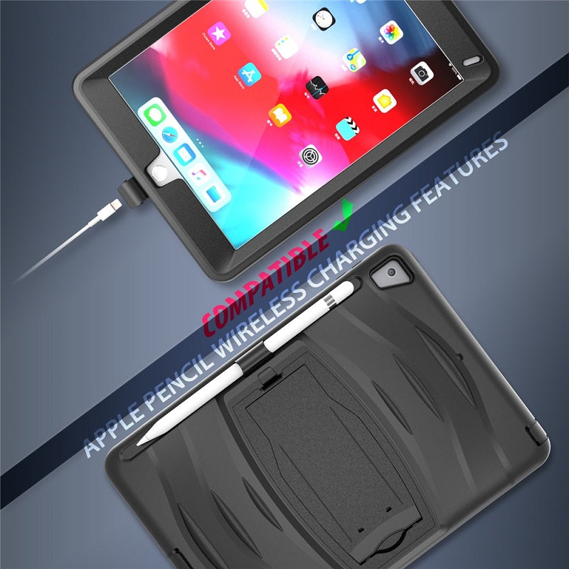 Shock Wave Kickstand Case Anti-Fall Protection With Pencil Holder For 9.7inch iPad 5/iPad 6/iPad Air2/iPad Pro9.7-Black