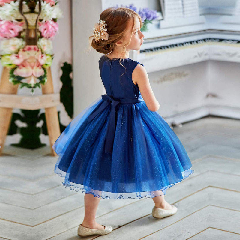 Girl Sleeveless Lace 3D Flower Tutu Holiday Princess Wedding Dresses-Deep Blue