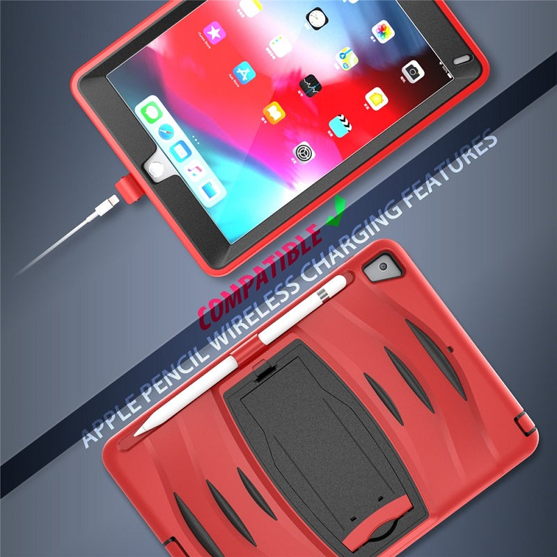 Shock Wave Kickstand Case Anti-Fall Protection With Pencil Holder For 9.7inch iPad 5/iPad 6/iPad Air2/iPad Pro9.7-Red