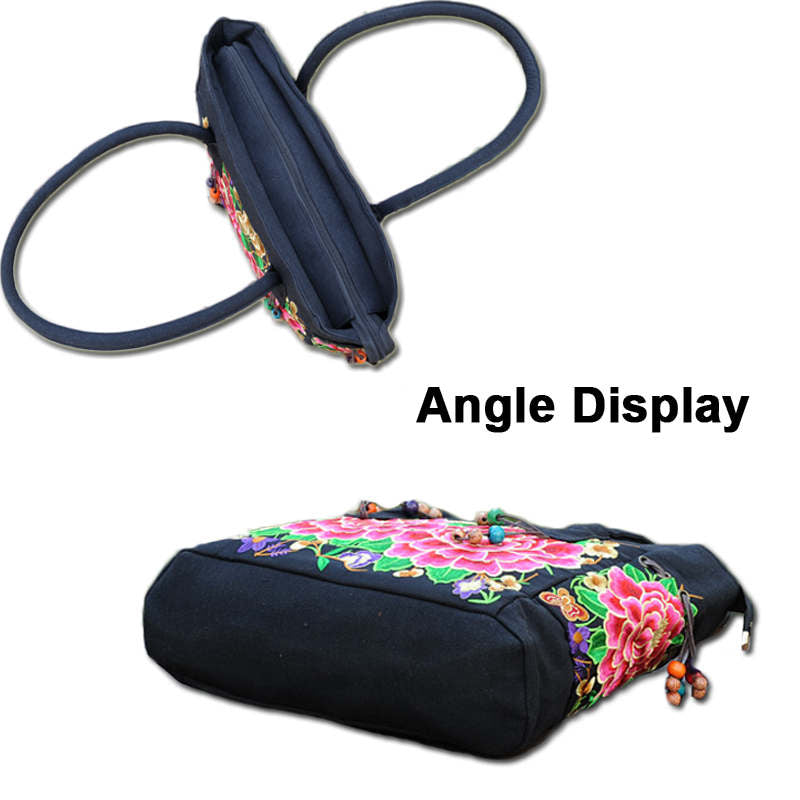 Embroidered Canvas Top Handle Handbag Ladies Casual Vintage Shoulder Bag-RedPeony