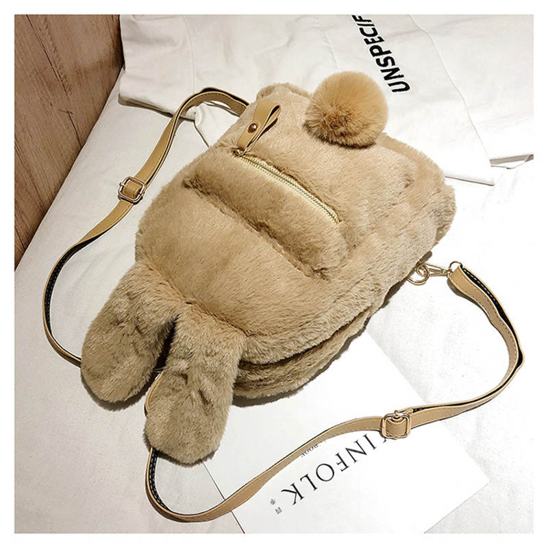 Women Cute Rabbit Ears Backpack Fluffy School Bag Satchel-Yellow