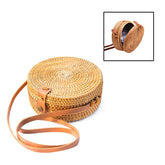 Handwoven Round Rattan Natural Chic Bag Shoulder Leather Straps Summer Beach-Blue Flower