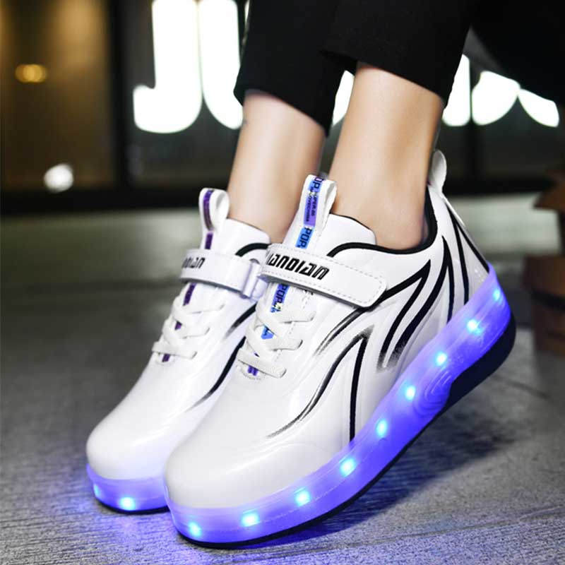 Double Wheel Roller Skate Shoes Light Up Sneakers for Boys Girls-Black White