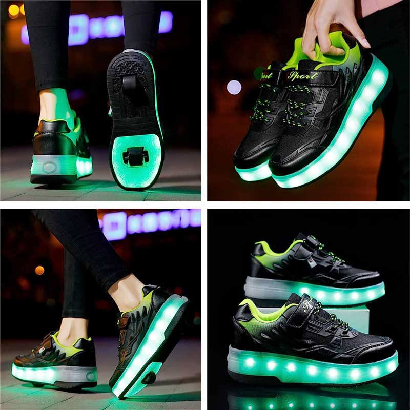 Kids Fashion LED Roller Shoes with Double Wheels for Boys Girls-Black