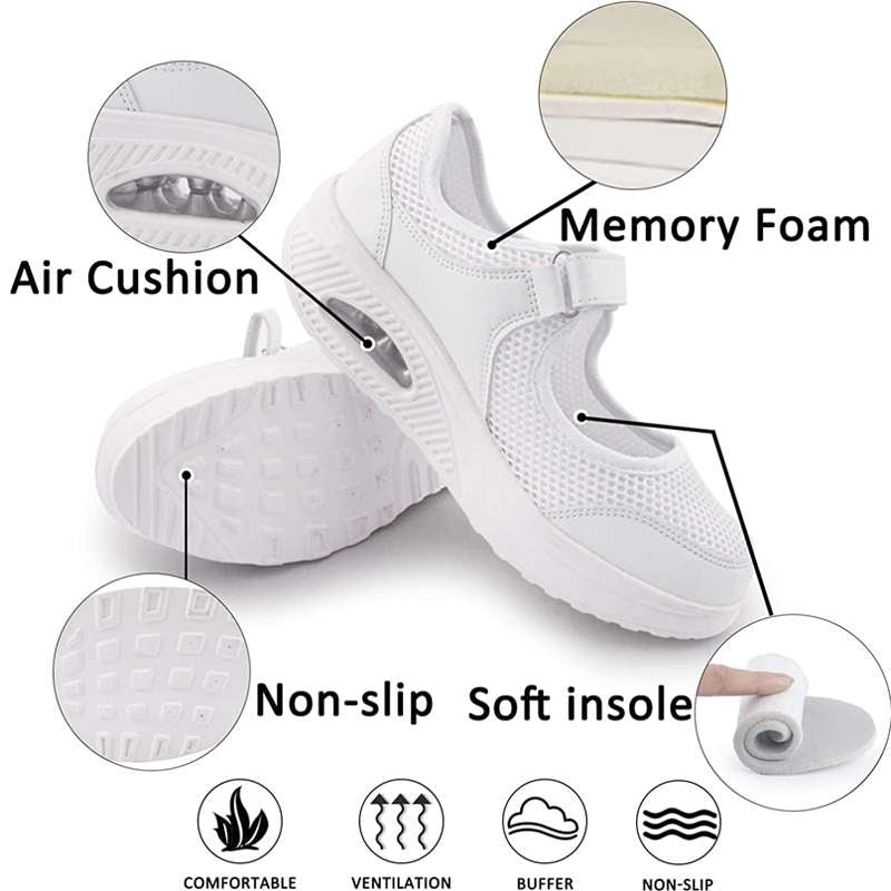 Women Casual Air Cushion Sneakers Velcro Mary Jane Shoes-White
