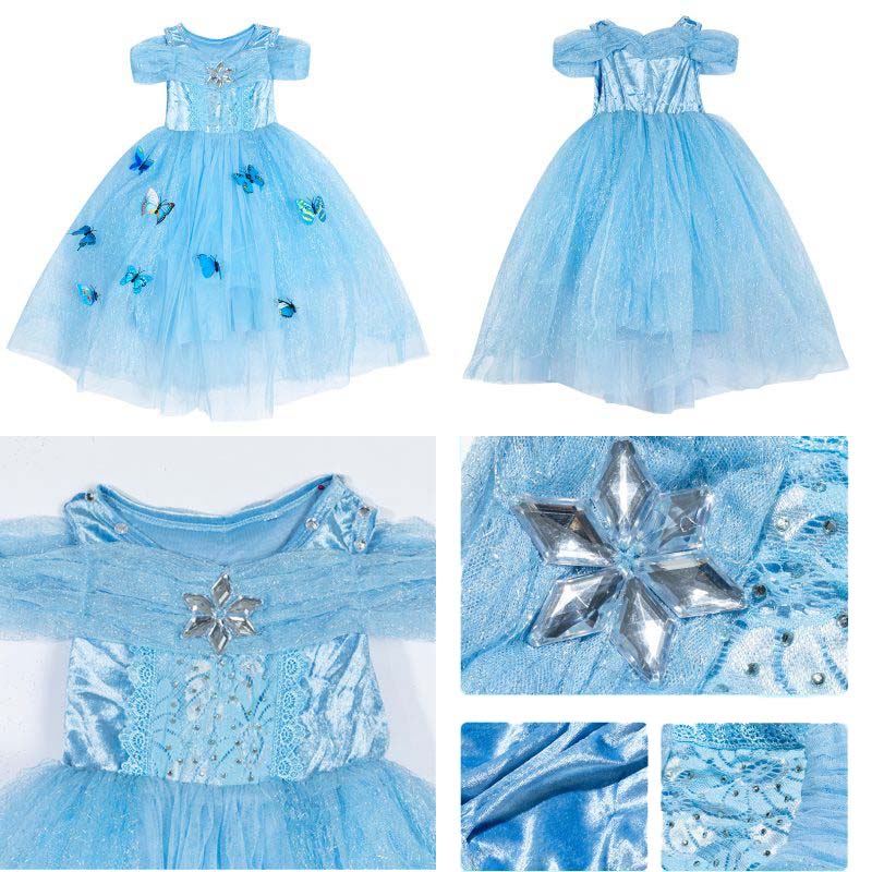 Girls Princess Dress with Accessories Butterflies Tulle Party Gown-Blue