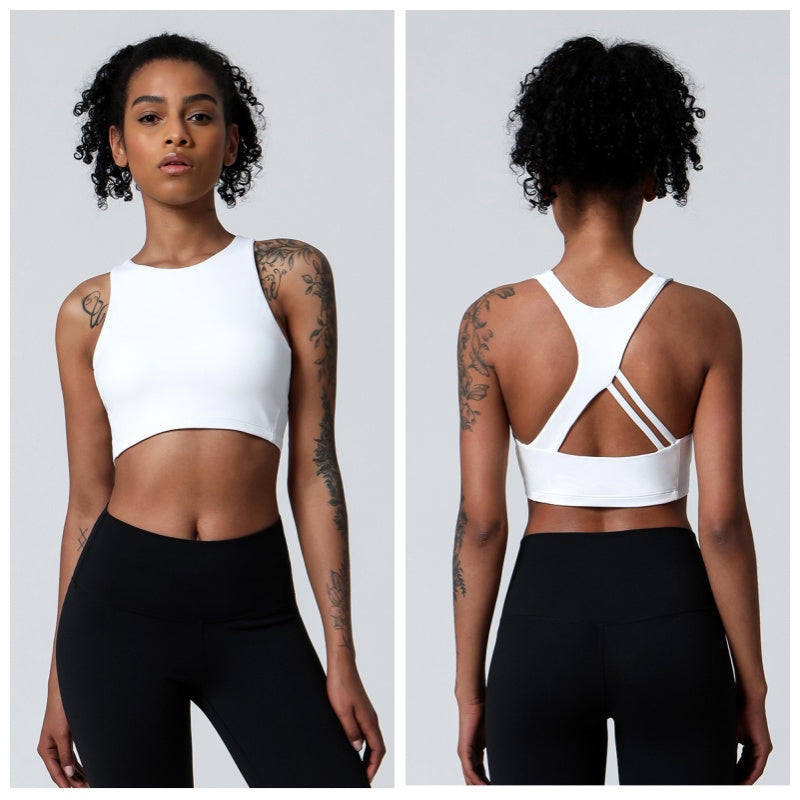 Criss-Cross Back Sports Bra Medium-High Support Workout Tops-White