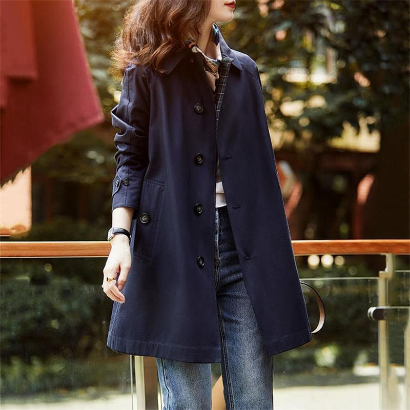Womens Trench Lapel Single Breasted Mid Long Outwear Winter Coat-Khaki