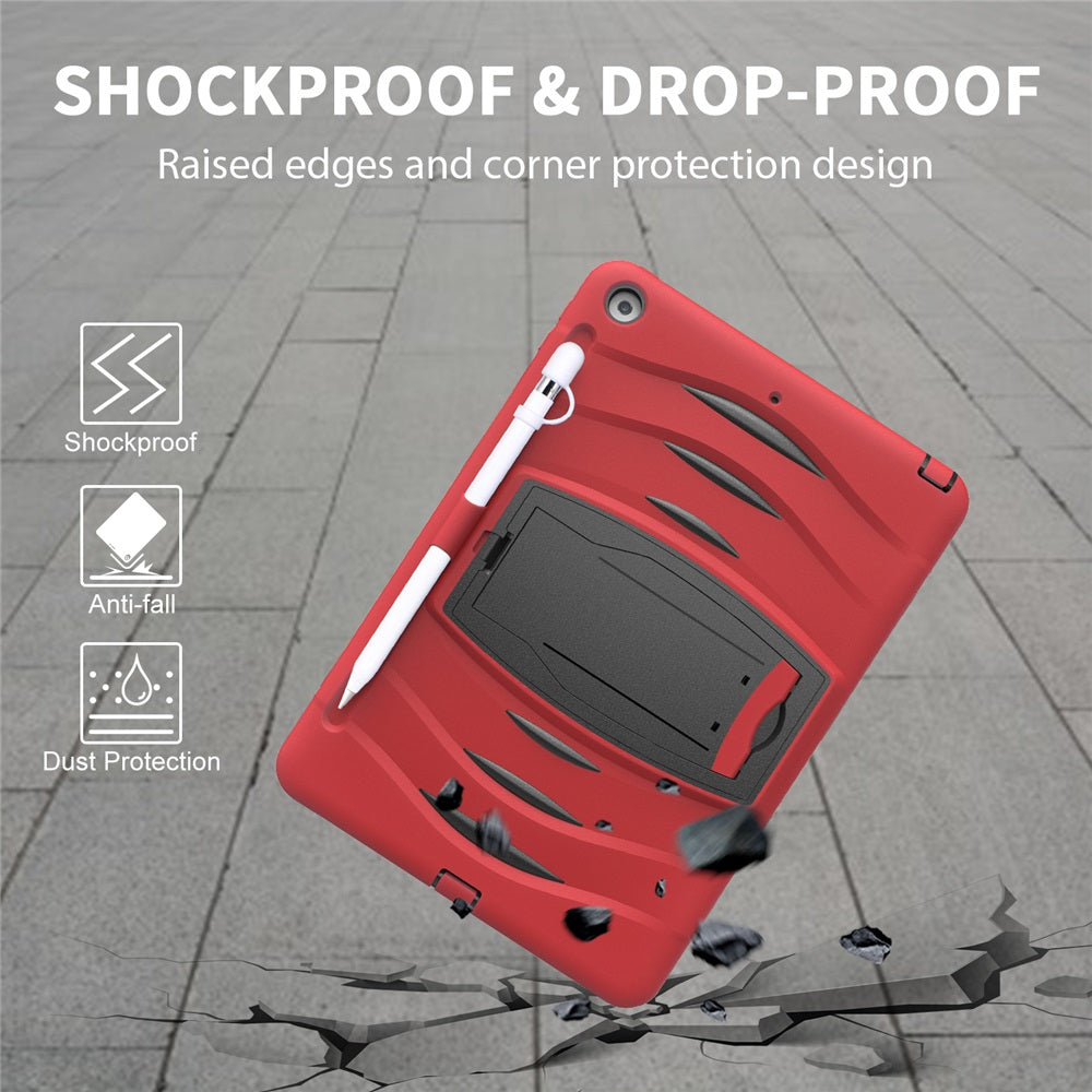 Shock Wave Kickstand Case Anti-Fall Protection With Pencil Holder+Cap For New iPad 7 10.2inch(2019)-Red
