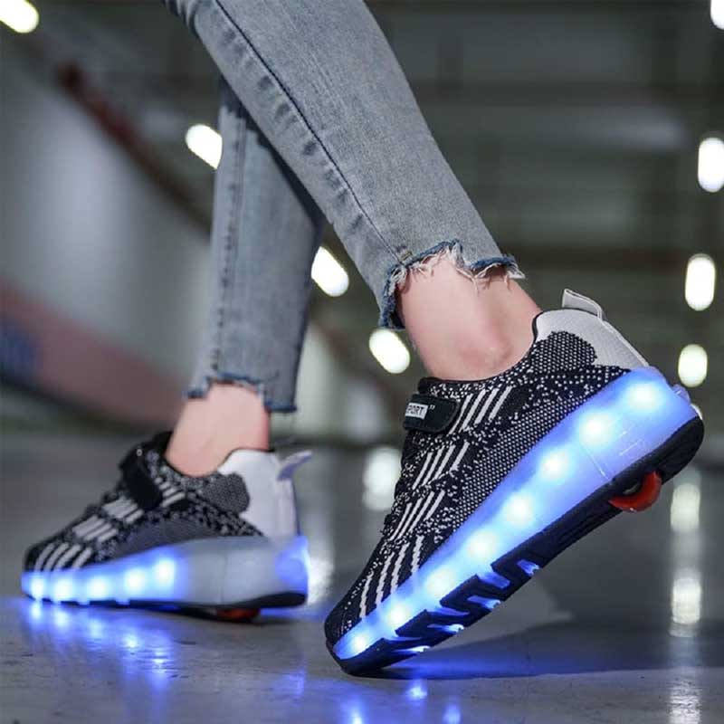 Kids LED Rechargeable Roller Skate Shoes with Double Wheel-Black