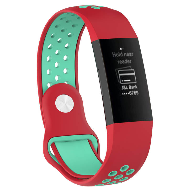 Double Color Porous Breathable Watch Band Silicone Wristband For Fitbit Charge 3 Sport Smartwatch -Red Teal