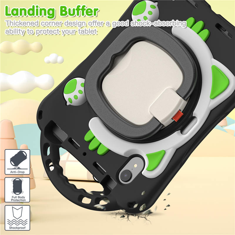 CatB Silicone Case For iPad Mini 6 Shockproof Shoulder Strap Handle Stand-Black Green