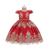 Girl Flower Lace Printed Cotton Elegant Tulle Bow Belt Princess Dress-13Red