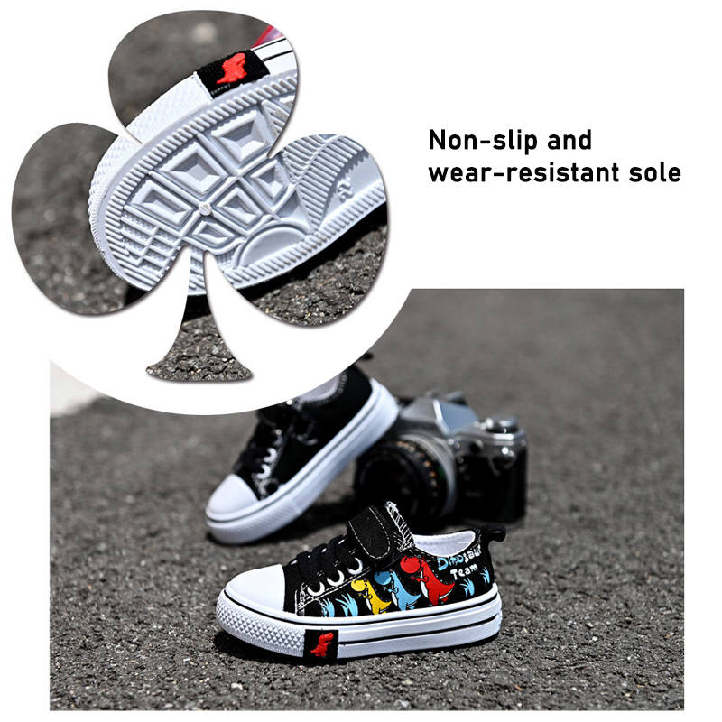 Toddler-Unisex Canvas Sneakers Cartoon Dinasour Slip on Shoes-Black