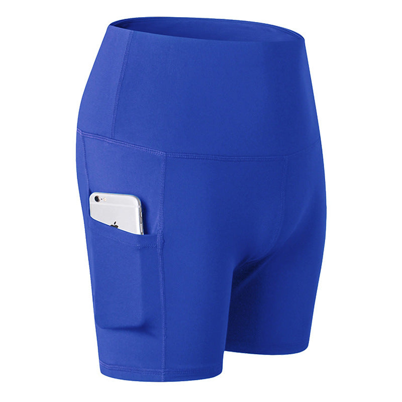 Women Yoga Shorts With Pockets High Waist Running Fitness Leggings Sports Quick Drying Tight Pants 2049-Blue