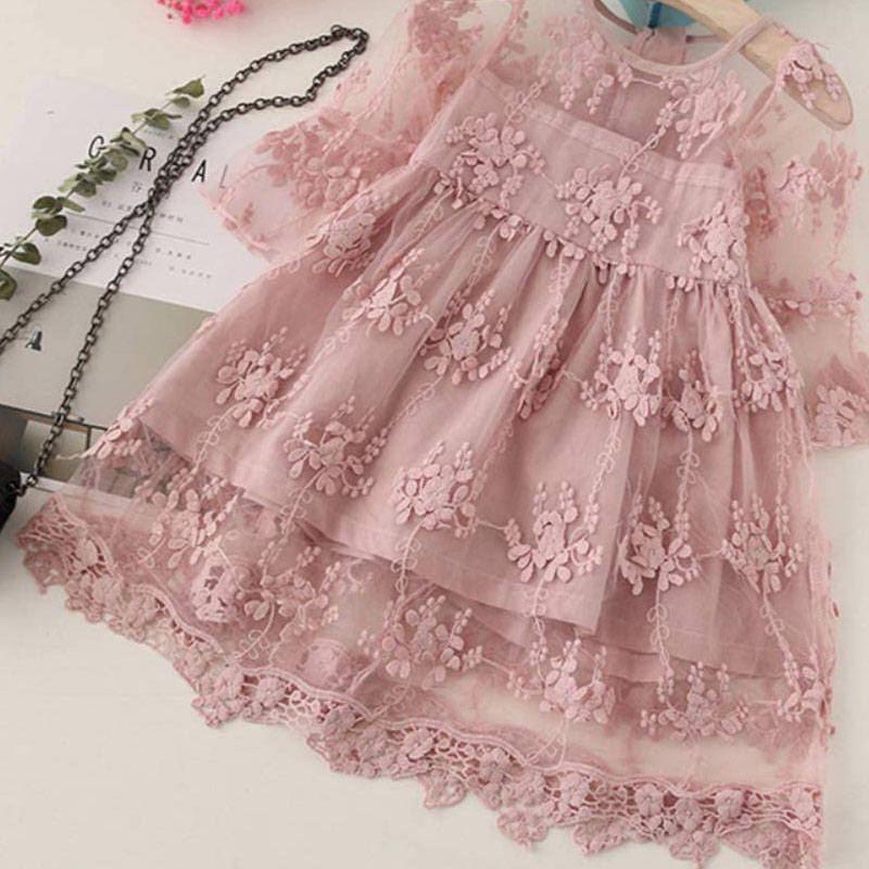 Flower Girls 3/4 Sleeve Dress Girls Lace Princess Party Tulle Summer Vintage Dress-Pink