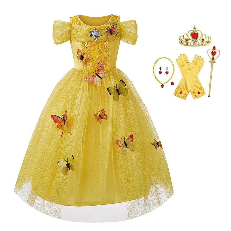 Girls Princess Dress with Accessories Butterflies Tulle Party Gown-Yellow