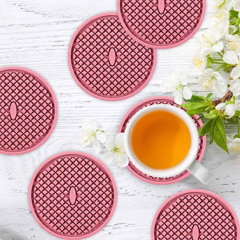 Silicone Drink Coasters Set of 6 in Holder for Drinks Insulation Absorbent Coaster Protect Cup-Pink