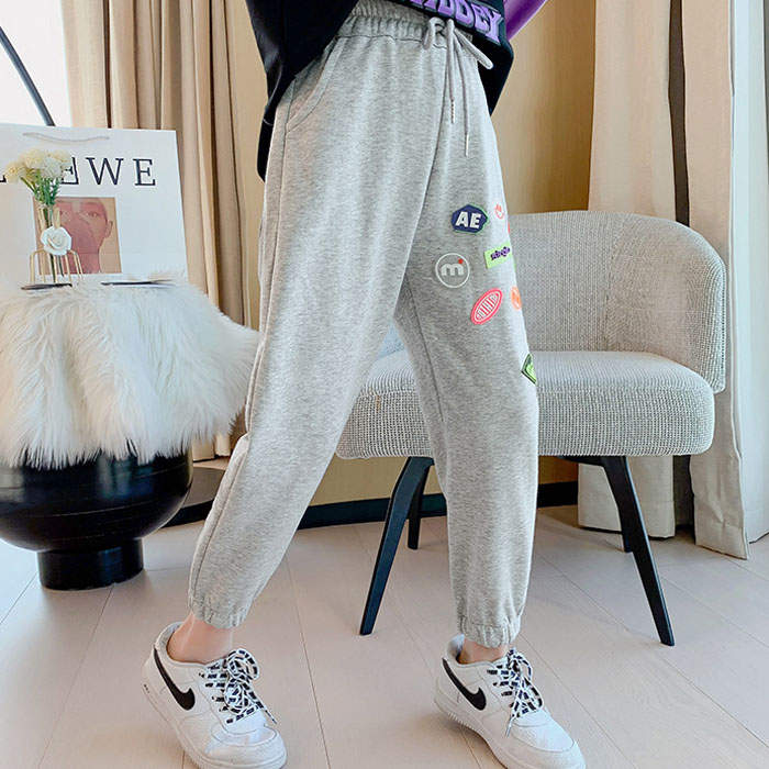 Girls Joggers Long Pants Pockets Outdoor Casual Trousers with Drawstring Icon-Gray
