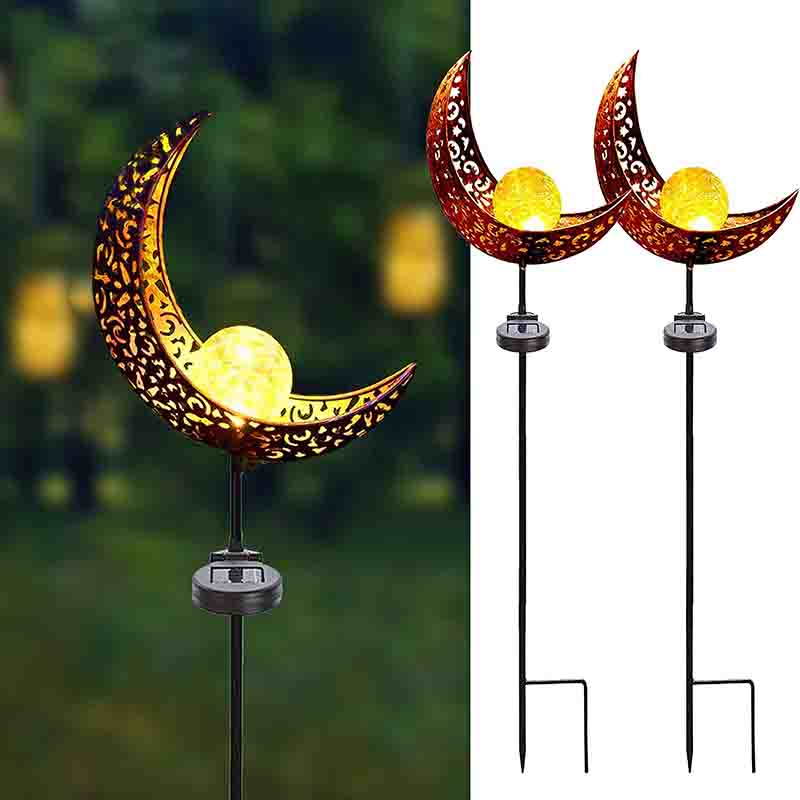 2 Pack Garden Metal Moon Weatherproof Solar LED Decorative Lamp with Warm White Spherical Lamp Post Suitable for Lawn Courtyard Courtyard