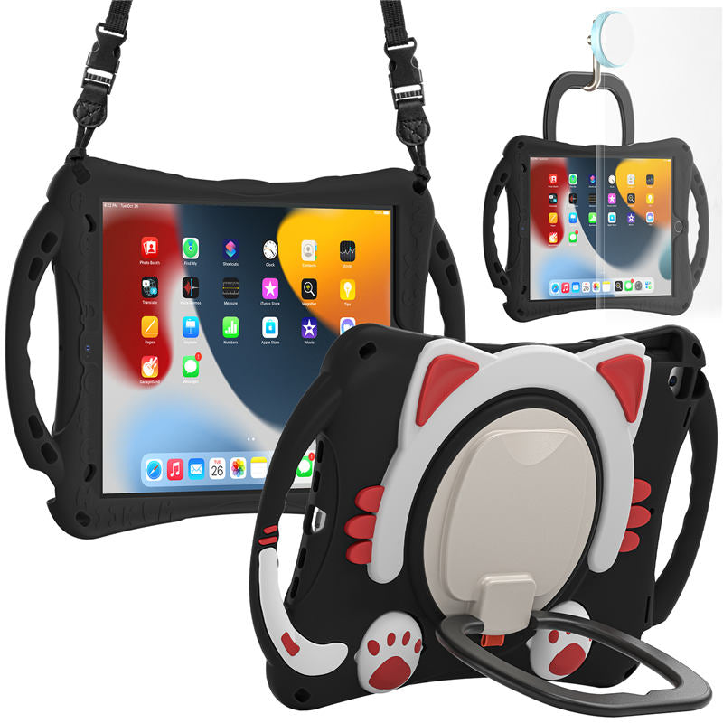 CatB Silicone Case For iPad 10.2 Air10.5 Pro10.5 Shockproof Shoulder Strap Handle Stand-Black Red