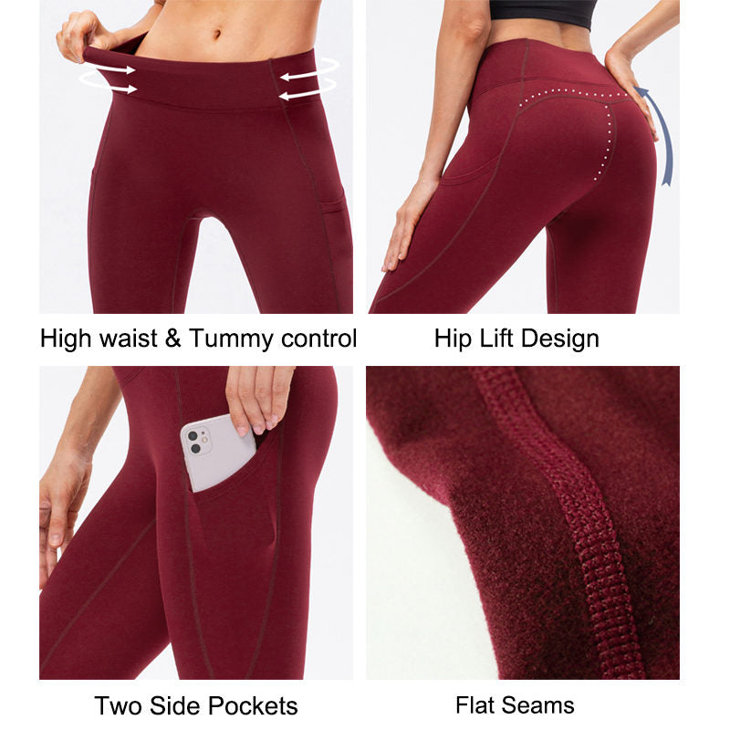 Womens Fleece Leggings with Pockets Tummy Control Thermal Yoga Pants-Red
