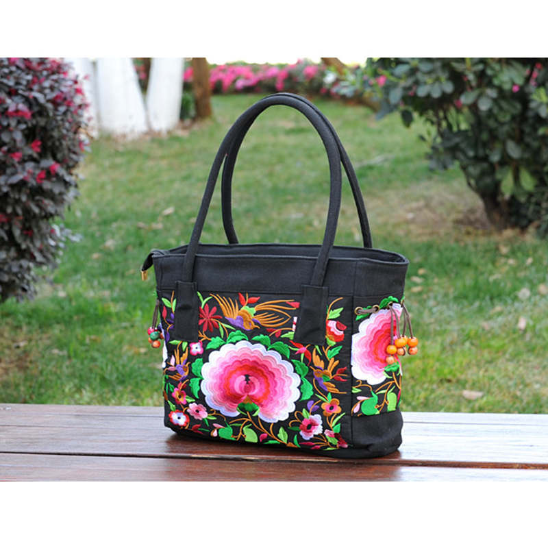 Embroidered Canvas Top Handle Handbag Ladies Casual Vintage Shoulder Bag-RedJasmine