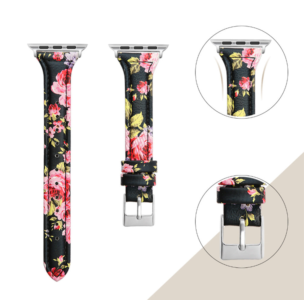 Slim Flower Printed Leather Watch Band For Apple Watch SE/6/5/4/3/2/1(Pink Flower)