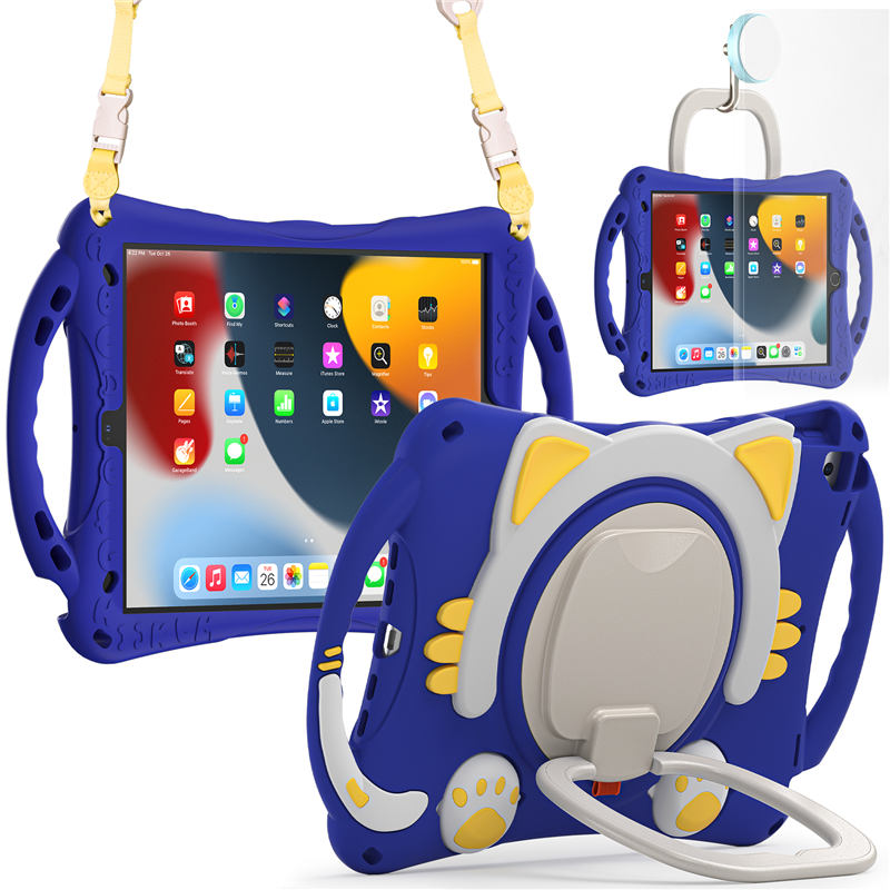 CatB Silicone Case For iPad 10.2 Air10.5 Pro10.5 Shockproof Shoulder Strap Handle Stand-Dark Blue