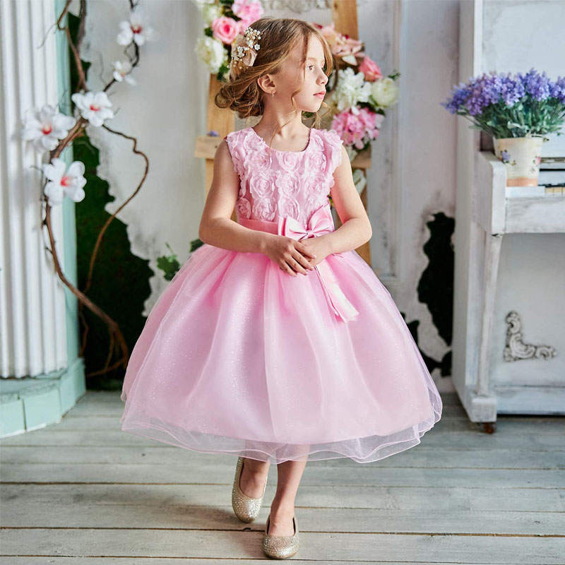 Girl Sleeveless Lace 3D Flower Tutu Holiday Princess Wedding Dresses-Pink