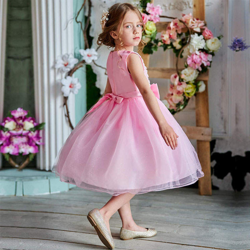 Girl Sleeveless Lace 3D Flower Tutu Holiday Princess Wedding Dresses-Pink