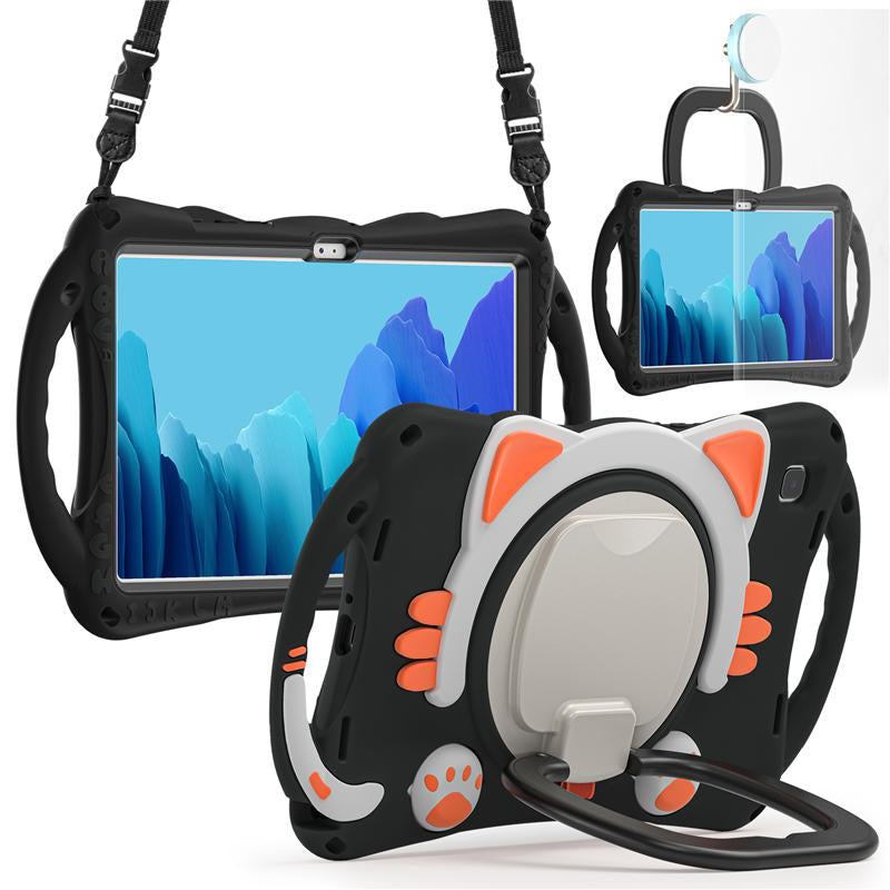 CatB Samsung Tablt Case for Tab A7 10.4 T500/T505/T507/T505N Shockproof Shoulder Strap Handle Stand-Black Orange