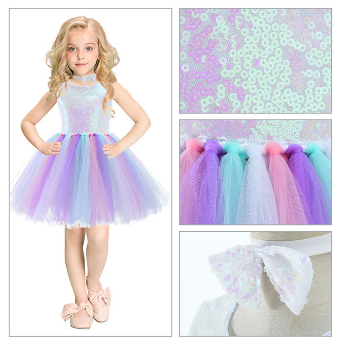 Girl Sequin Dress Handmade Toddler Unicorn Dress for Party Special Occasion with Bow Tie