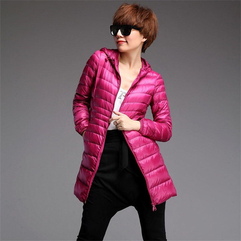 Womens Lightweight Puffer Jacket Hooded Winter Mid Length Coat-RoseRed