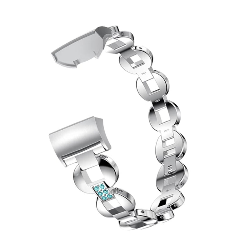 DH Stainless Steel White Diamond+Blue Diamond Watch Band Adjustable Replacement Wristband For Fitbit Charge 2/3 For Women-Silver
