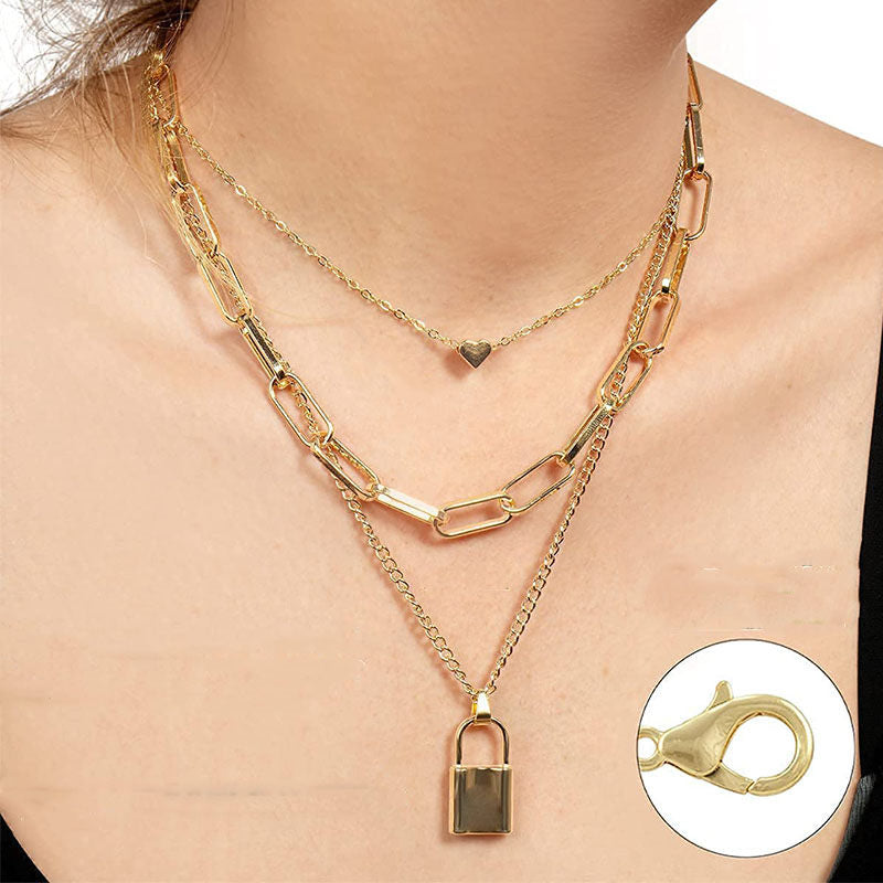 Gold Heart Lock Pendant Multilayer Necklace for Women