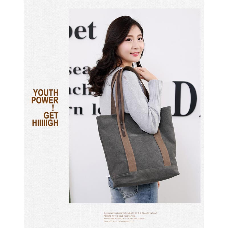 Womens Canvas Shoulder Bags Retro Casual Handbags Work Bag-Grey