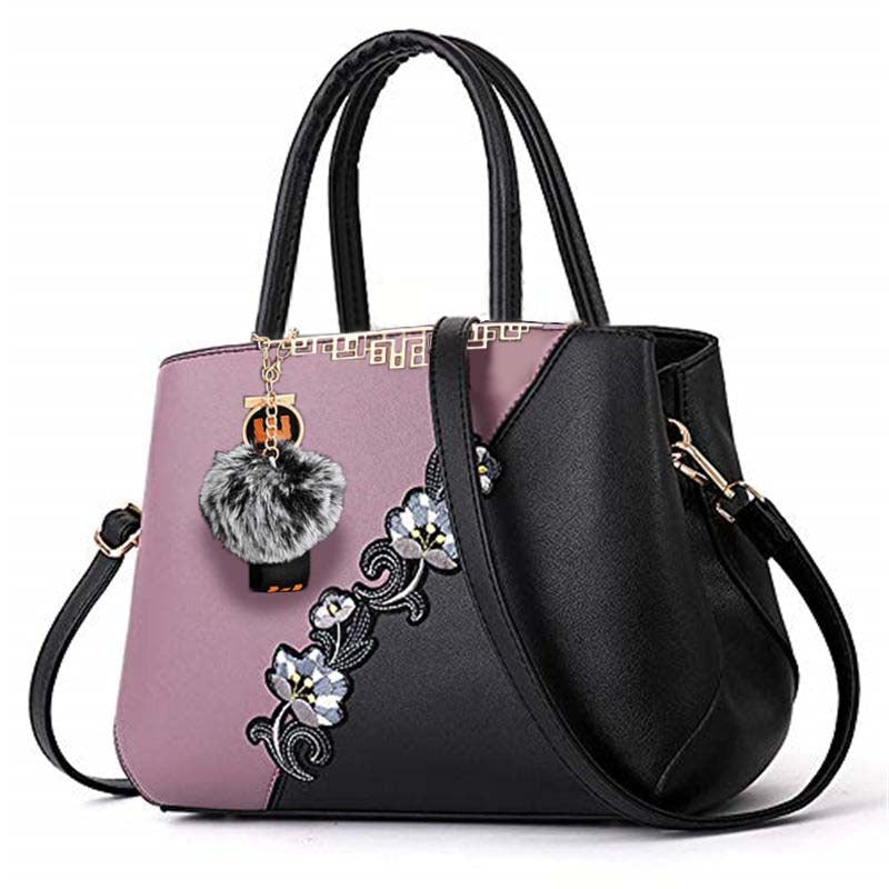 Embroidered Women Top Handle Satchel Fashion Shoulder Bags with Hairball-Purple