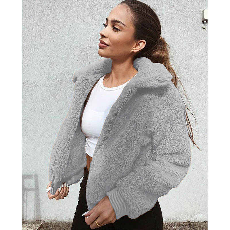 Womens Sherpa Fleece Jackets Lapel Zip Up Winter Warm Crop Outwear-Light Grey