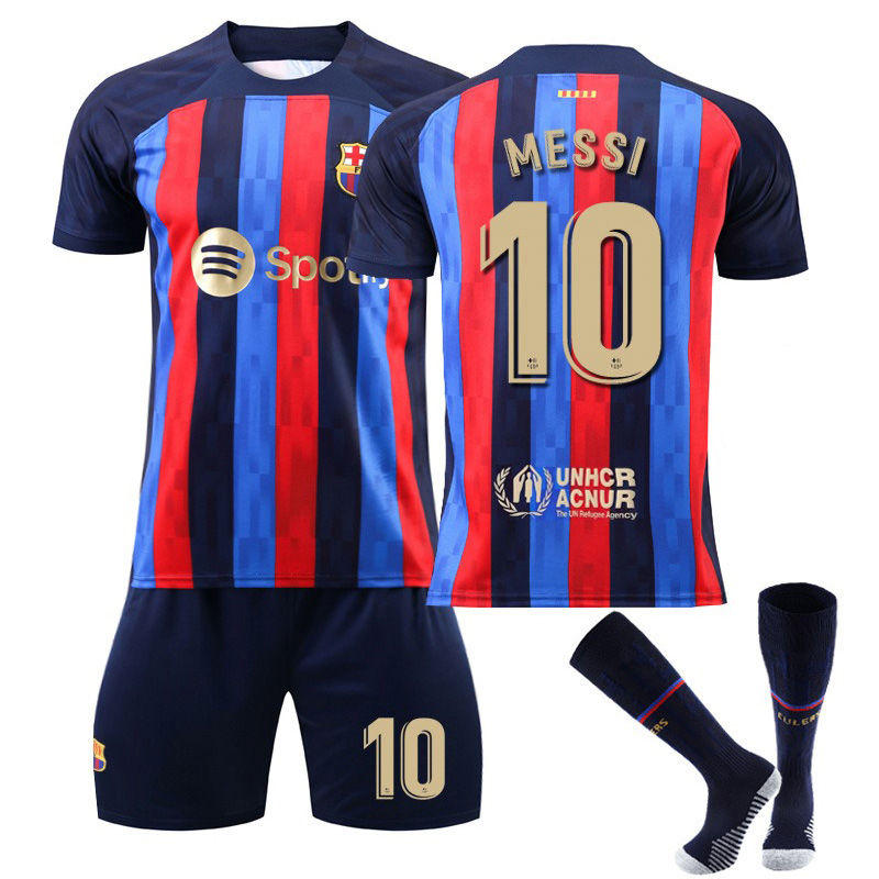 MESSI #10 Barca Home Jersey 2022/23 Soccer Jersey Kit Football T-shirt Set For Adult Kids