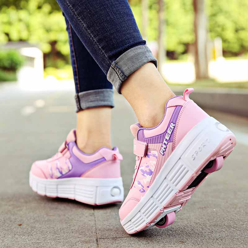 Childrens Roller Skate Shoes Sneaker with Double Wheel-918 Pink