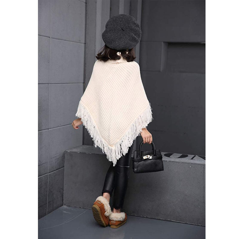 Girls Fall Loose Knitted Pullover Sweaters Poncho Tassel Turtleneck Cloak Cape-White