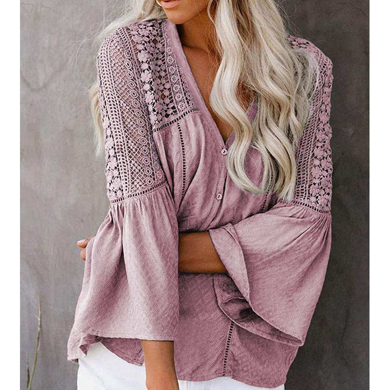 Womens V-neck Lace Crochet Shirt Flare Sleeve Buttoned Blouses-Pink